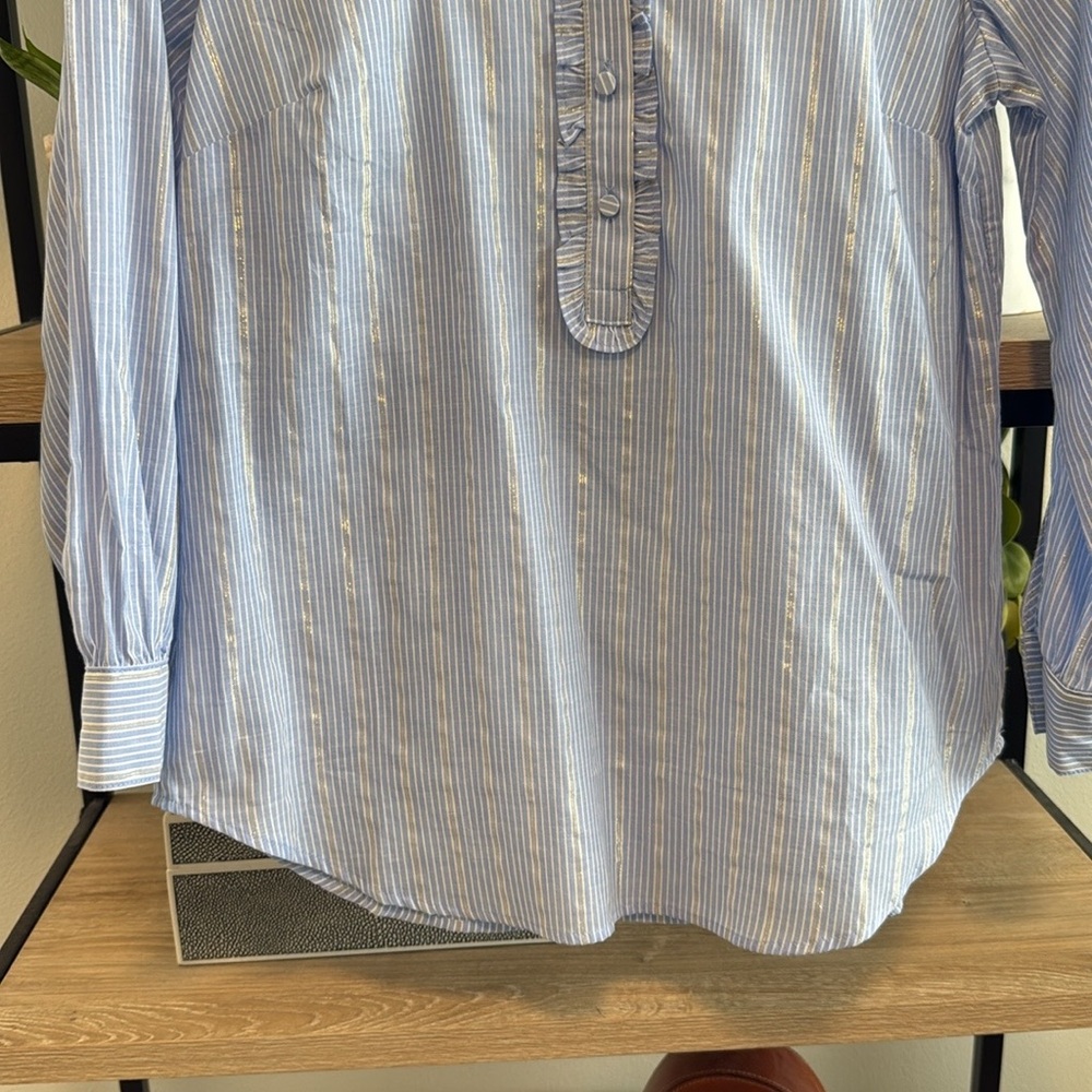 Talbots Silver Stripe Poplin Cotton Woven 1/2 Placket Collar Button Up Blouse, S - Picture 4 of 6
